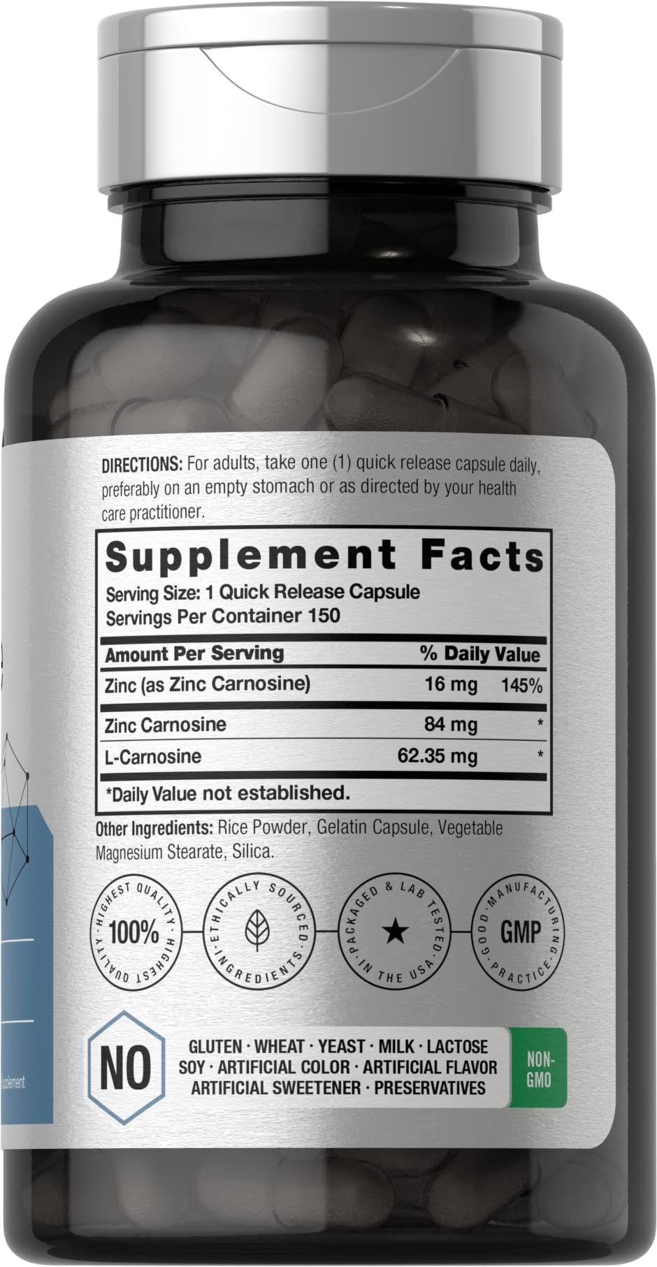 Horbäach Zinc Carnosine Supplement | 84 mg per Capsule | 150 Count | Non-GMO & Gluten Free