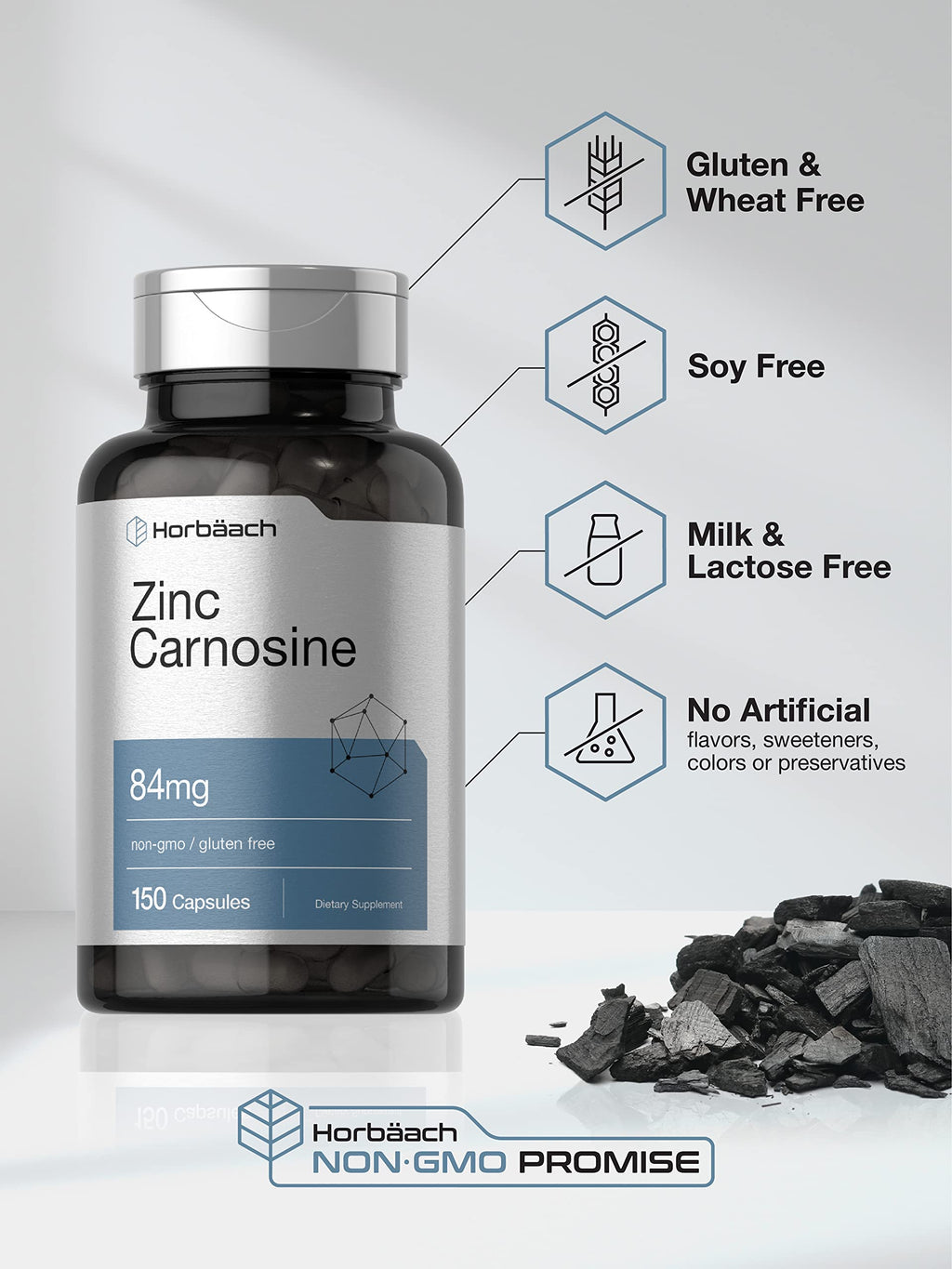 Horbäach Zinc Carnosine Supplement | 84 mg per Capsule | 150 Count | Non-GMO & Gluten Free