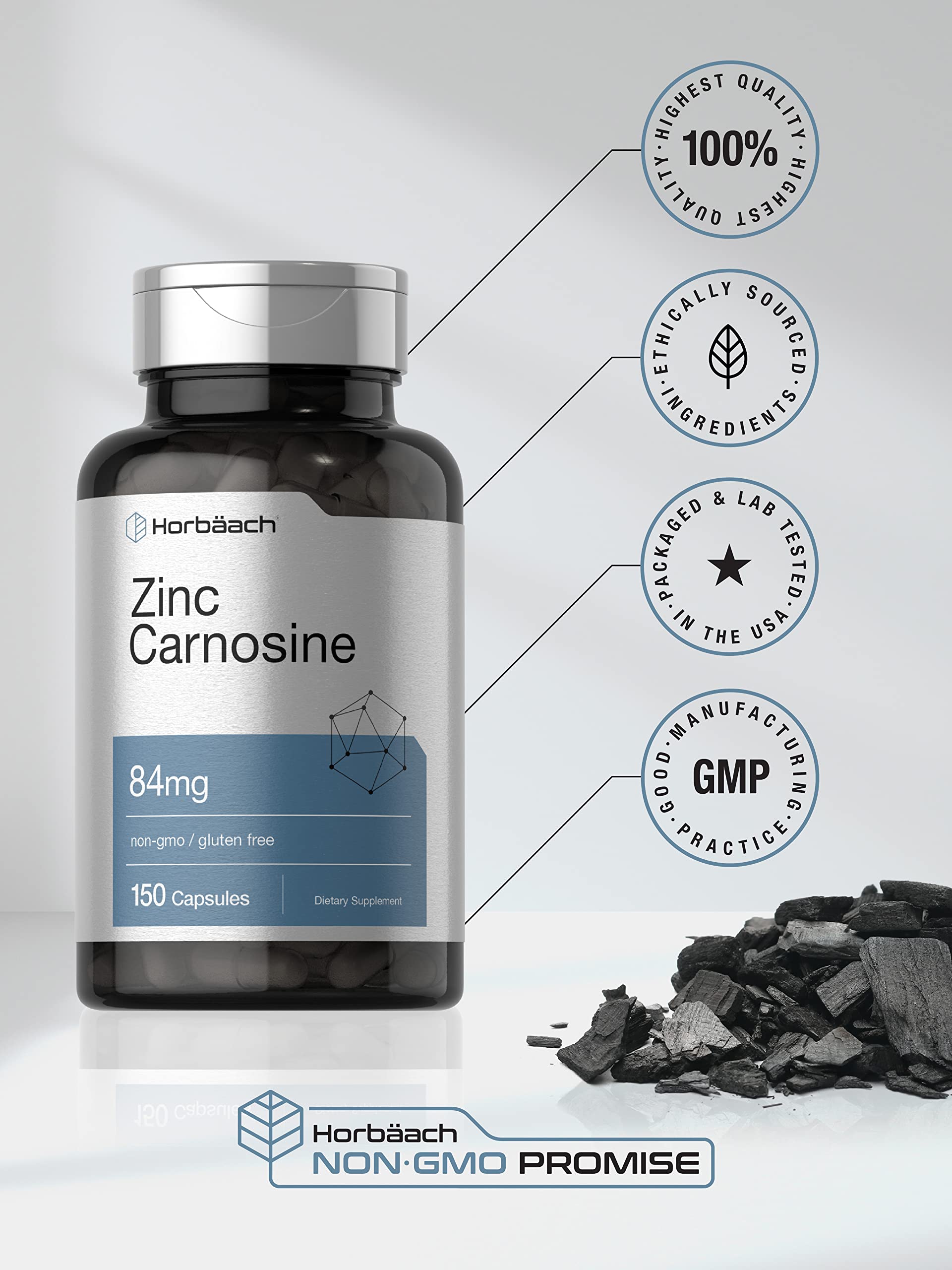 Horbäach Zinc Carnosine Supplement | 84 mg per Capsule | 150 Count | Non-GMO & Gluten Free