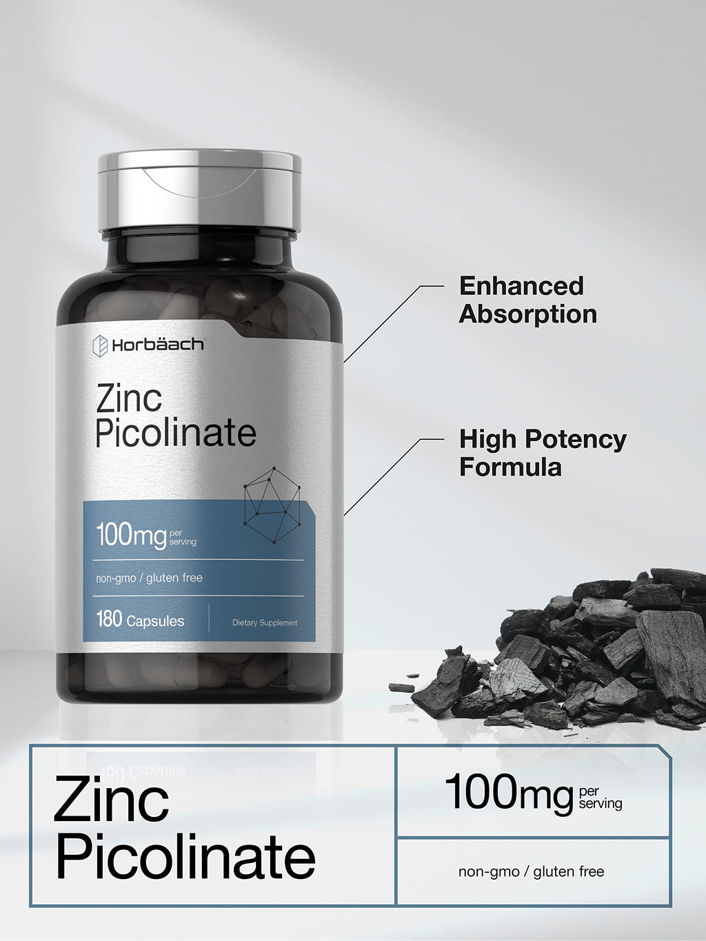 Horbäach Zinc Picolinate 100mg – 180 Capsules – High Potency, Non-GMO, Gluten Free