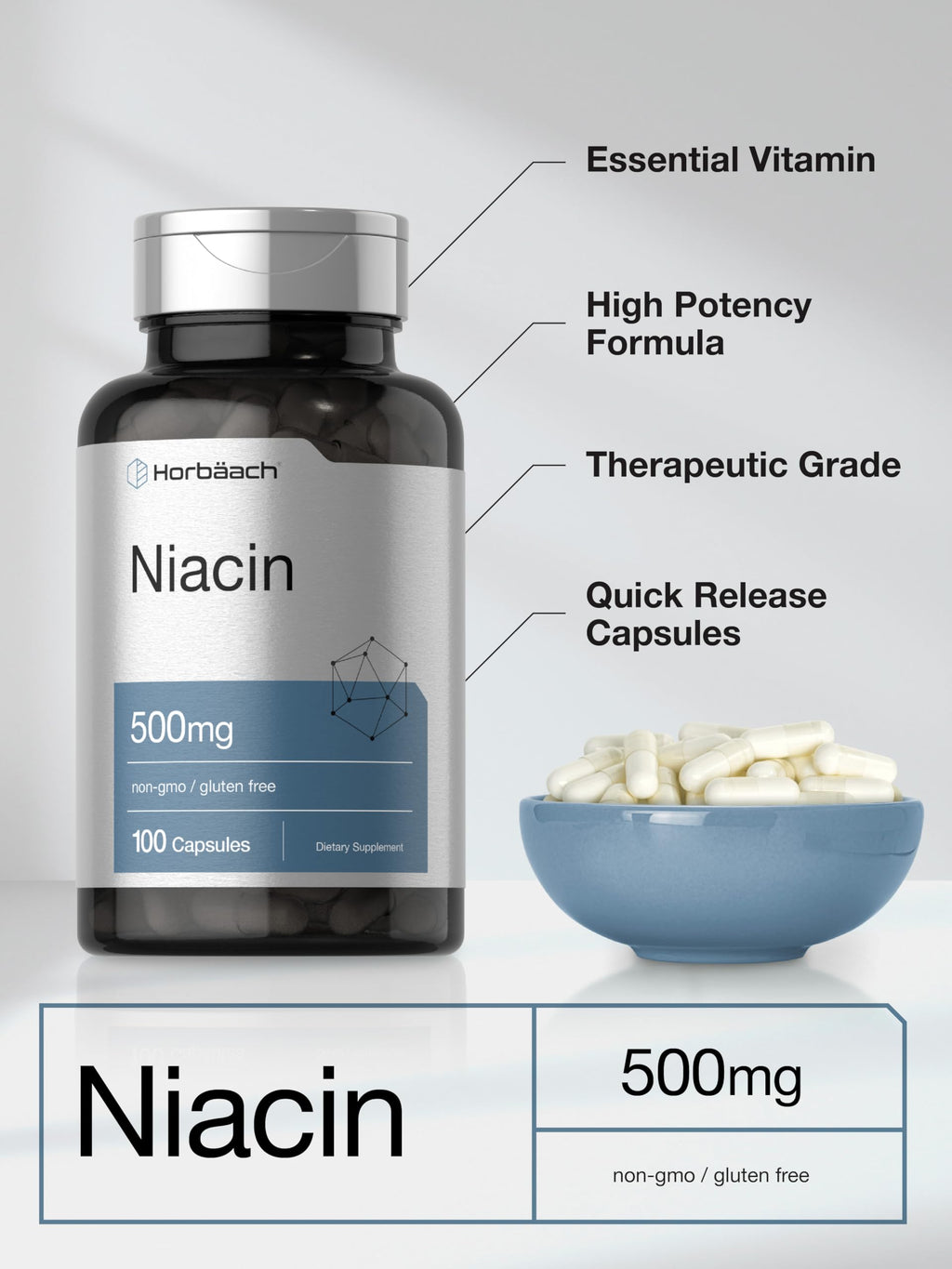 Horbäach Niacin Vitamin B3 500mg - 100 Capsules | Gluten Free & Non-GMO