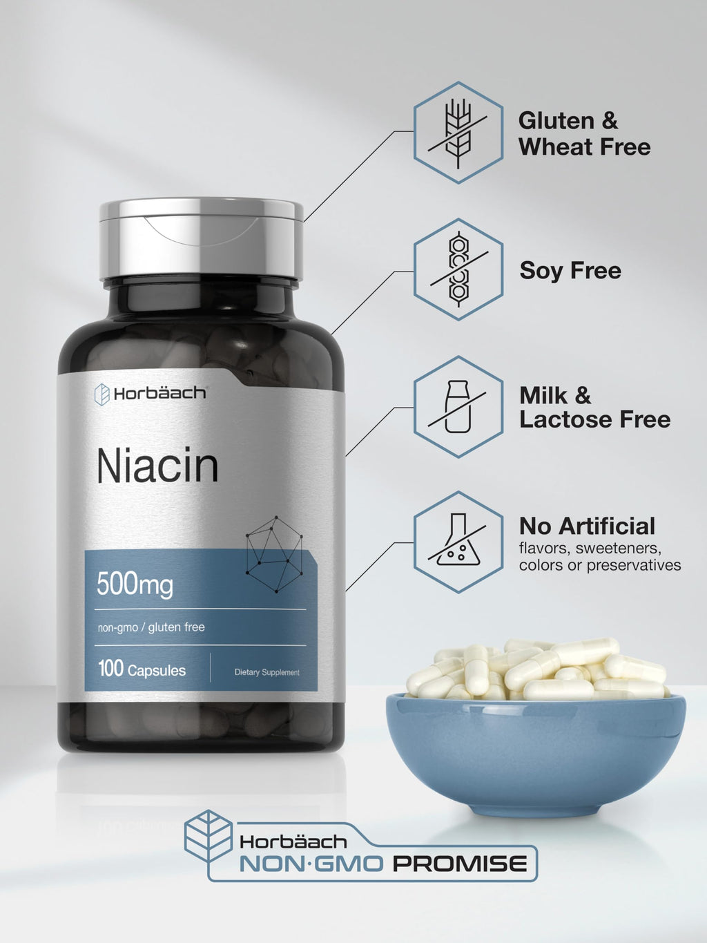Horbäach Niacin Vitamin B3 500mg - 100 Capsules | Gluten Free & Non-GMO