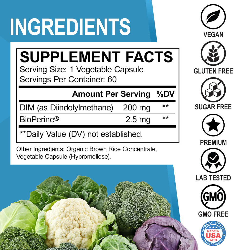DIM Supplement for Women & Men 200mg - Androgen Estrogen Blocker for Men & Women, Hormonal Acne Pills, Hormone Balance, Menopause Support, Diindolylmethane DIM Supplement Plus BioPerine - 60 Capsules