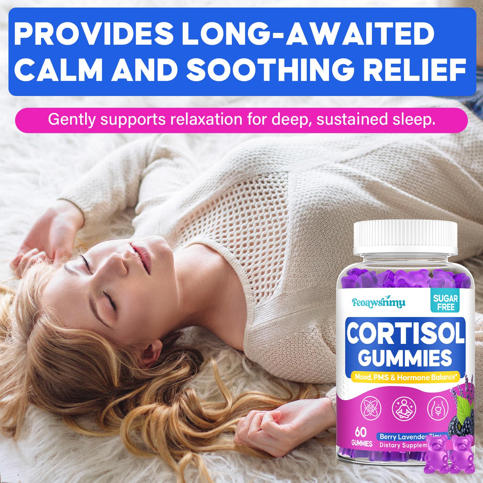 Cortisol Reducer for Women – Ashwagandha, GABA, Saffron, 60 Vegan Gummies