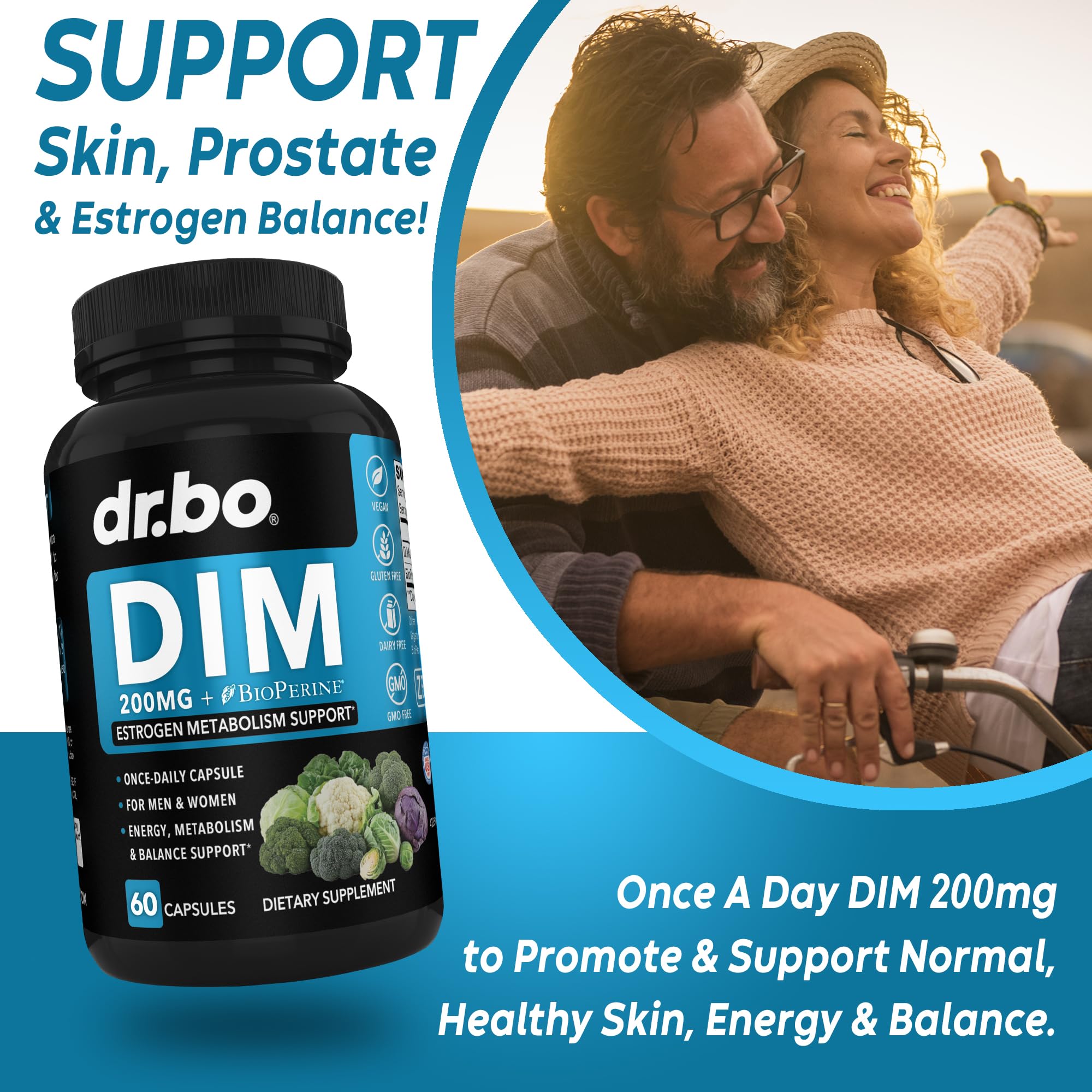 DIM Supplement for Women & Men 200mg - Androgen Estrogen Blocker for Men & Women, Hormonal Acne Pills, Hormone Balance, Menopause Support, Diindolylmethane DIM Supplement Plus BioPerine - 60 Capsules
