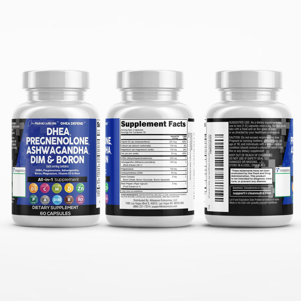 DHEA 200mg & Pregnenolone 100mg Supplement for Men & Women – DIM, Ashwagandha, Boron 6mg, Calcium Magnesium Zinc, Vitamin D3 5000 IU | Made in USA 60 Ct