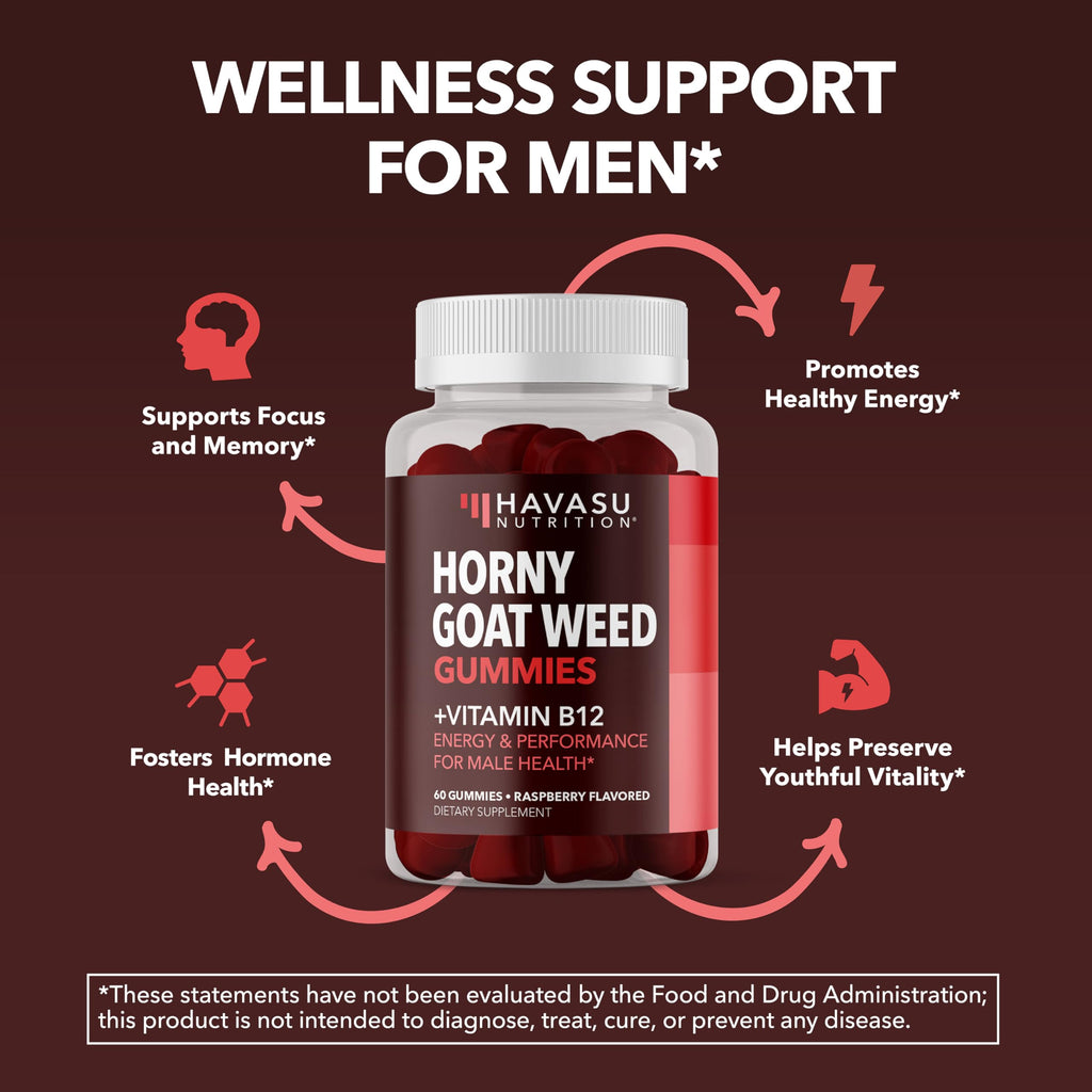 Horny Goat Weed Gummies with Vitamin B12 - Energy, Endurance & Performance Support for Male Health - 60 Count - Vegetarian-Friendly, Non-GMO, Pectin-Based - Raspberry Flavor, 1 Month Supply