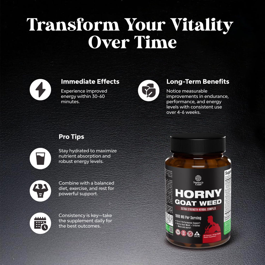 Horny Goat Weed for Men - Extra Strength 1000mg Formula with Black Maca, Tongkat Ali, Saw Palmetto & Panax Ginseng Extract | 60 Capsules