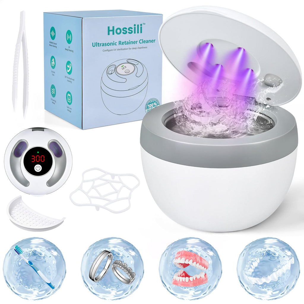 Hossili Ultrasonic Retainer Cleaner – 45kHz 200ml, 4 Wash Modes, 360° UV, Digital Timer (White)
