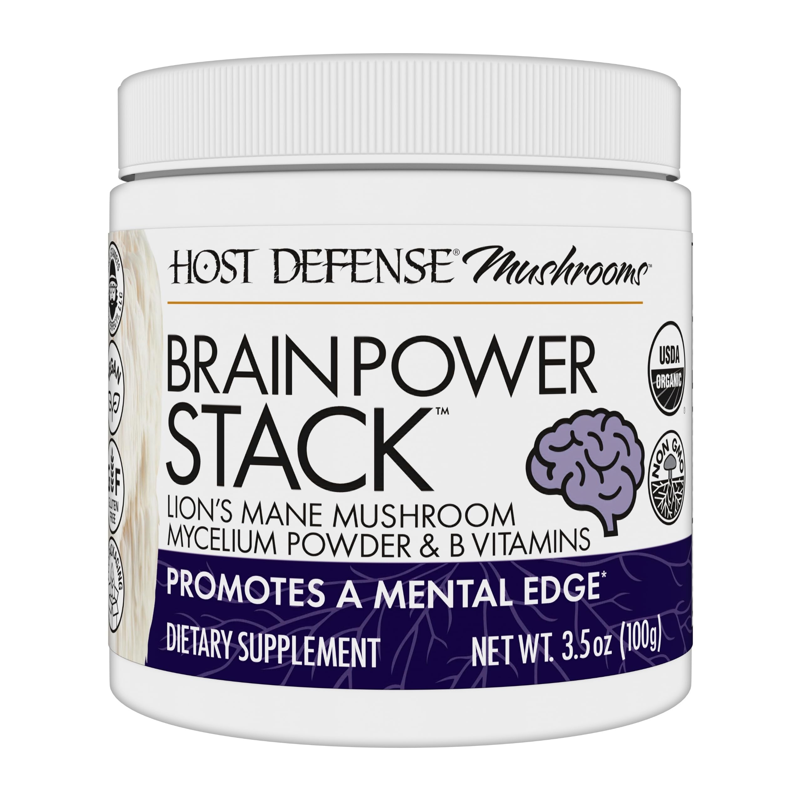 Host Defense BrainPower Stack Powder - Brain Support Supplement with Lion's Mane, Niacin (B3) & Vitamin B12 | 100g (66 Servings)