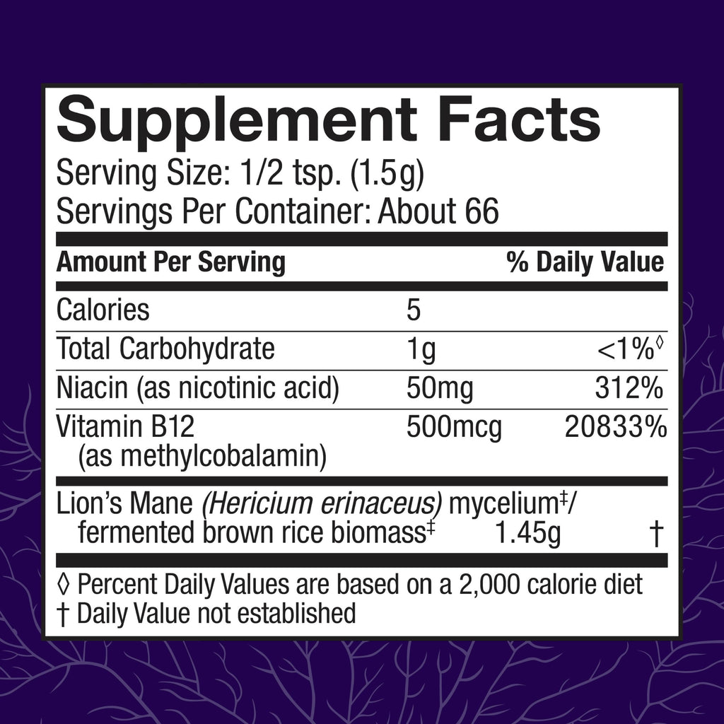 Host Defense BrainPower Stack Powder - Brain Support Supplement with Lion's Mane, Niacin (B3) & Vitamin B12 | 100g (66 Servings)