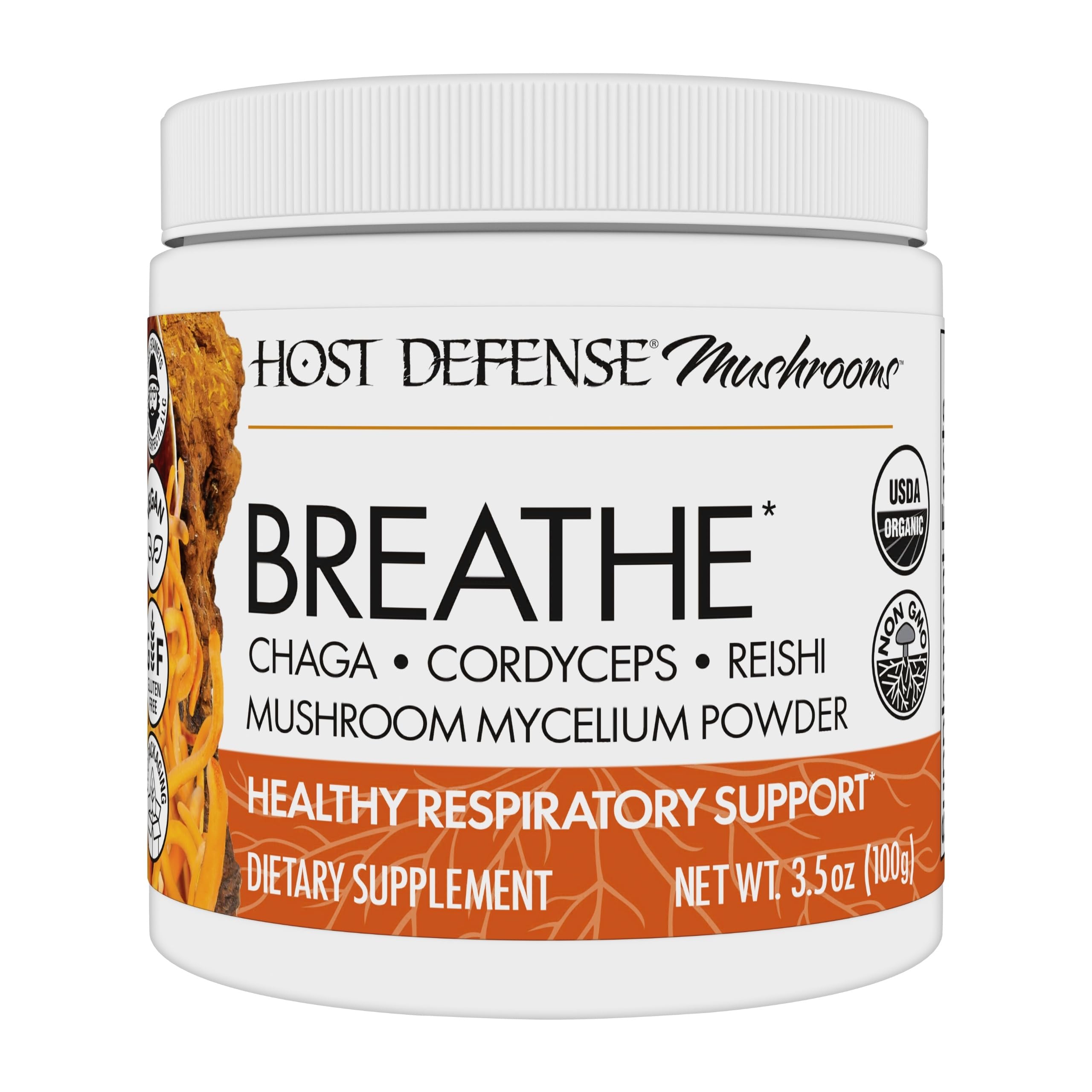 Host Defense Breathe Powder – Immune & Respiratory Mushroom Supplement (3.5 oz, 66 Servings)