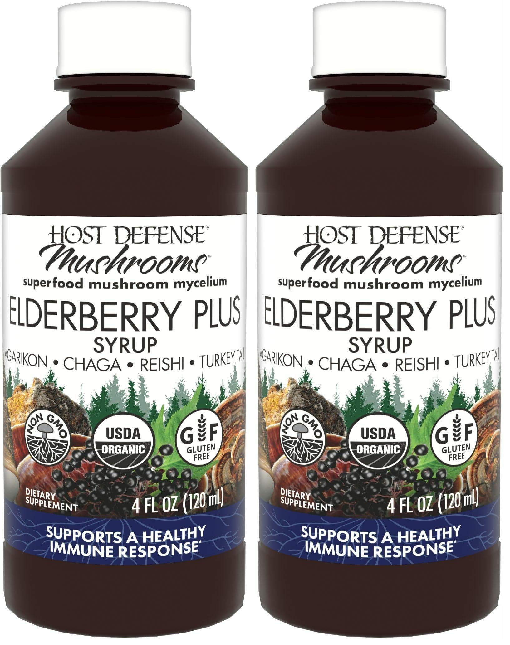 Host Defense Elderberry Plus Syrup - Immune & Respiratory Support Mushroom Supplement with Turkey Tail, Reishi, Agarikon & Chaga | 4 fl oz (12 Servings) Pack of 2