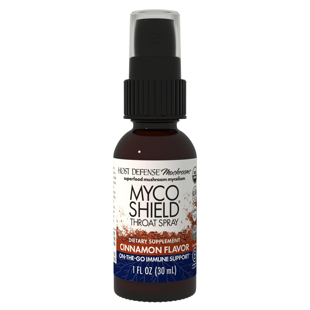 Host Defense MycoShield Throat Spray - Immune Health Support - Mushroom Supplement with Chaga, Reishi, Turkey Tail - Cinnamon Flavor - 1 fl oz (71 Servings)