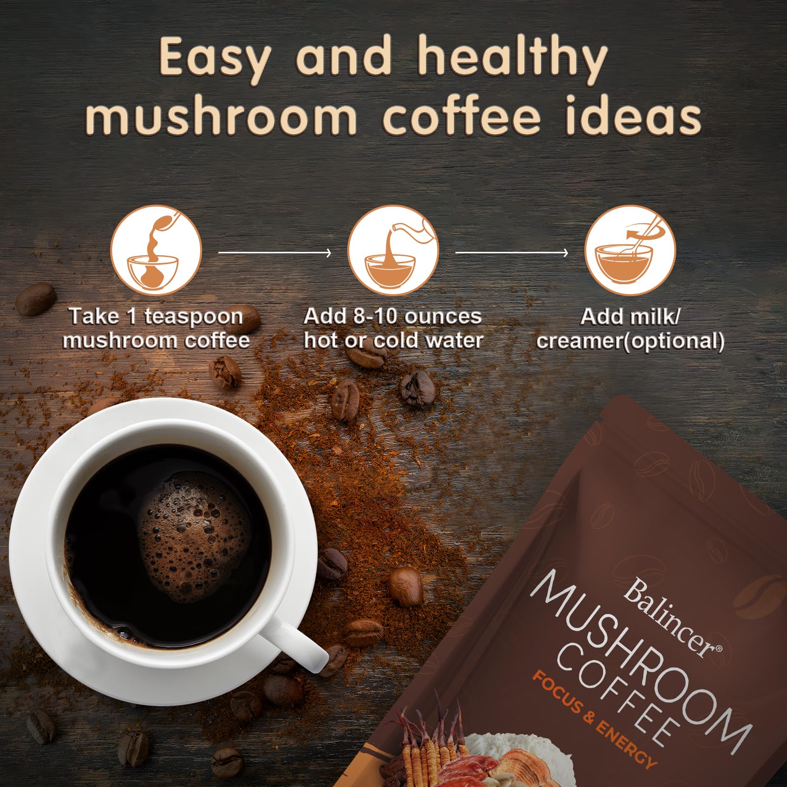 Mushroom Coffee with 6 Adaptogenic Mushrooms – Lion's Mane & Cordyceps