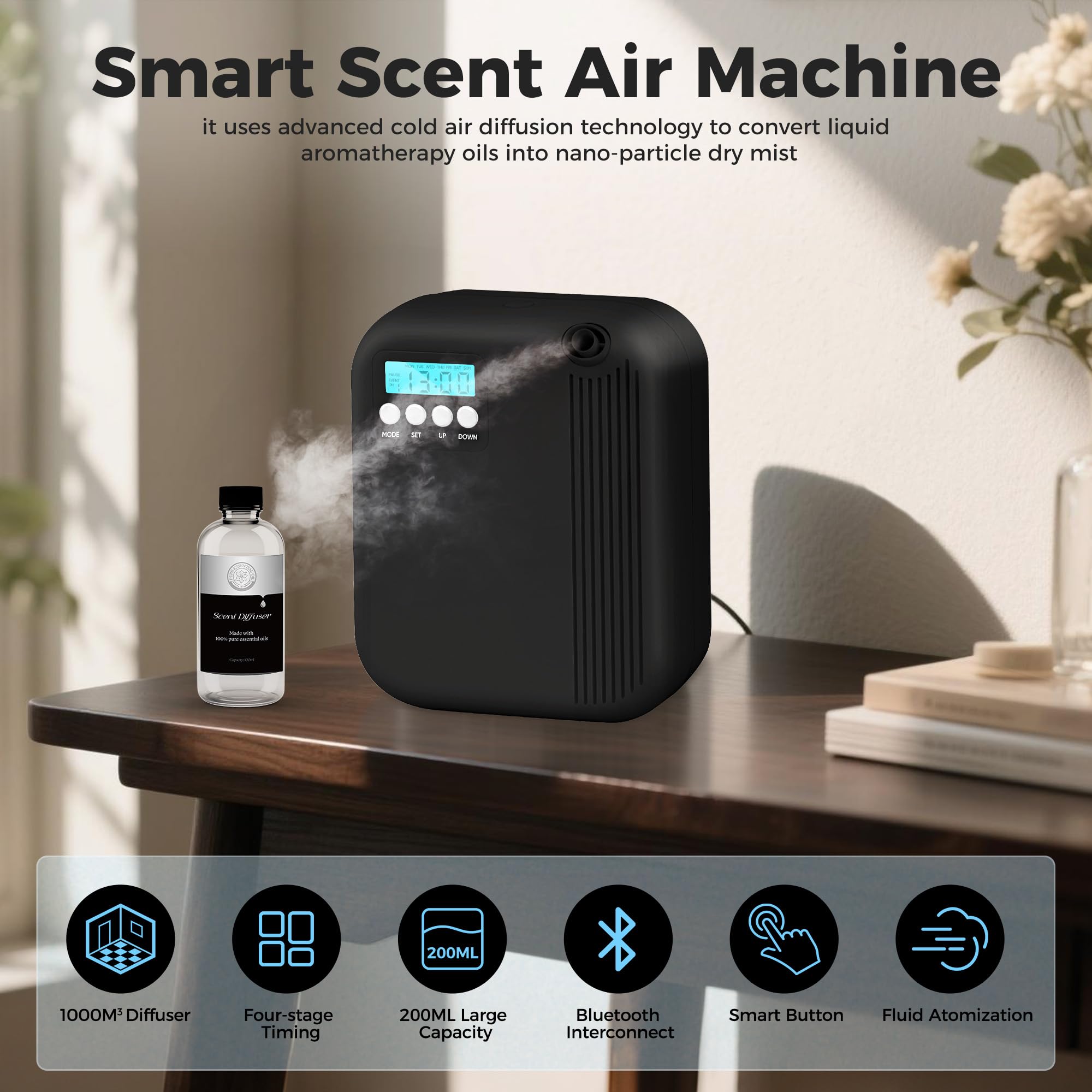 Hotel Collection Diffuser, House Scent Machine, 3000 Sq.Ft Coverage, 200ml Large Capacity Aromatherapy Machine, Scent Diffusers for Home Large Room, Office Waterless Essential Oil Diffuser, Black