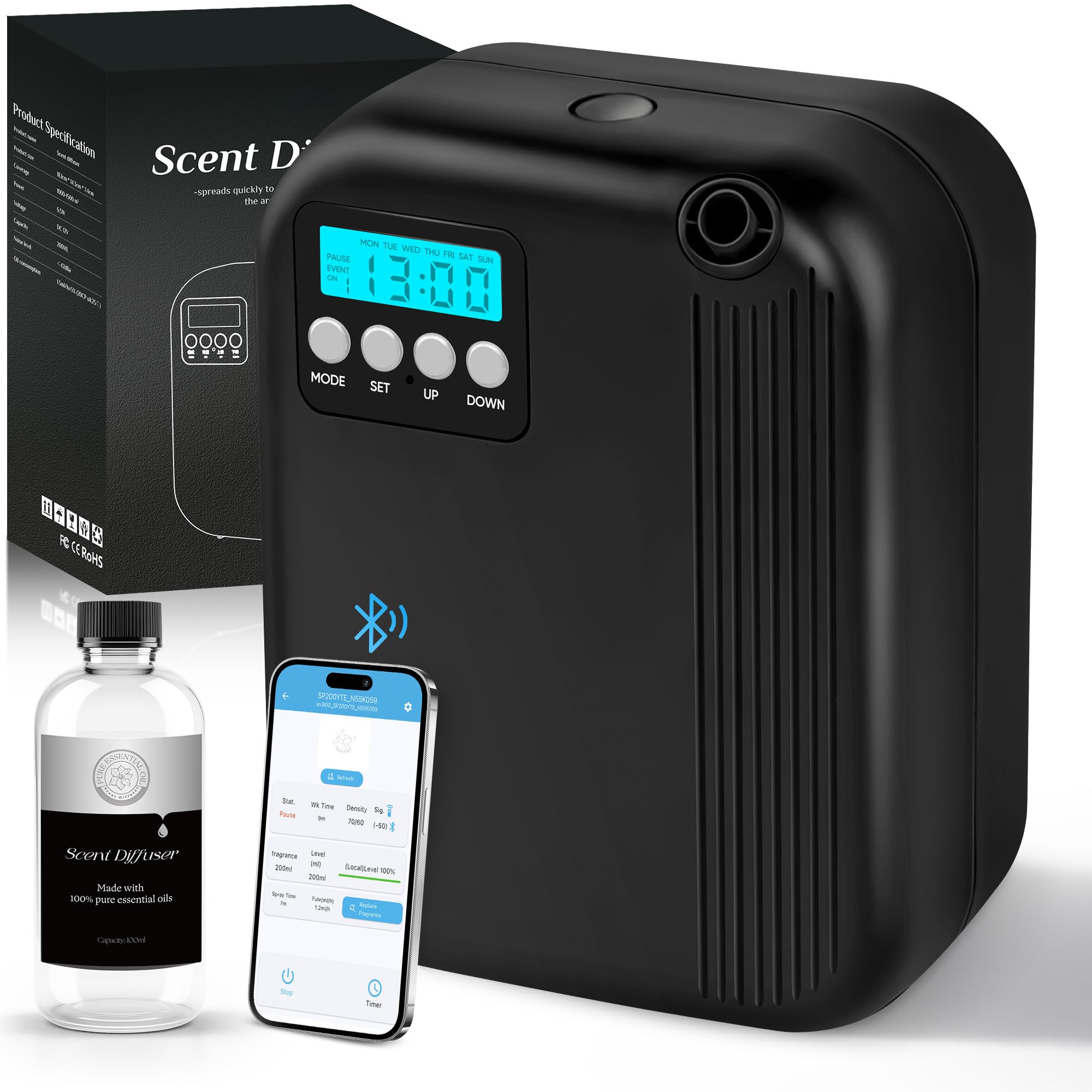 Hotel Collection Diffuser, House Scent Machine, 3000 Sq.Ft Coverage, 200ml Large Capacity Aromatherapy Machine, Scent Diffusers for Home Large Room, Office Waterless Essential Oil Diffuser, Black