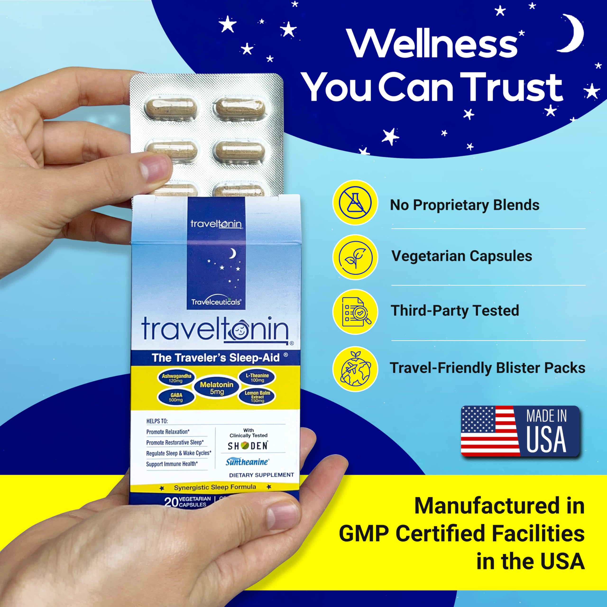 Travel Sleep Aid - Jet Lag Relief, Restorative Sleep & Immune Support | 5-in-1 Melatonin, Ashwagandha, L-Theanine, GABA, Lemon Balm | 20 Capsules