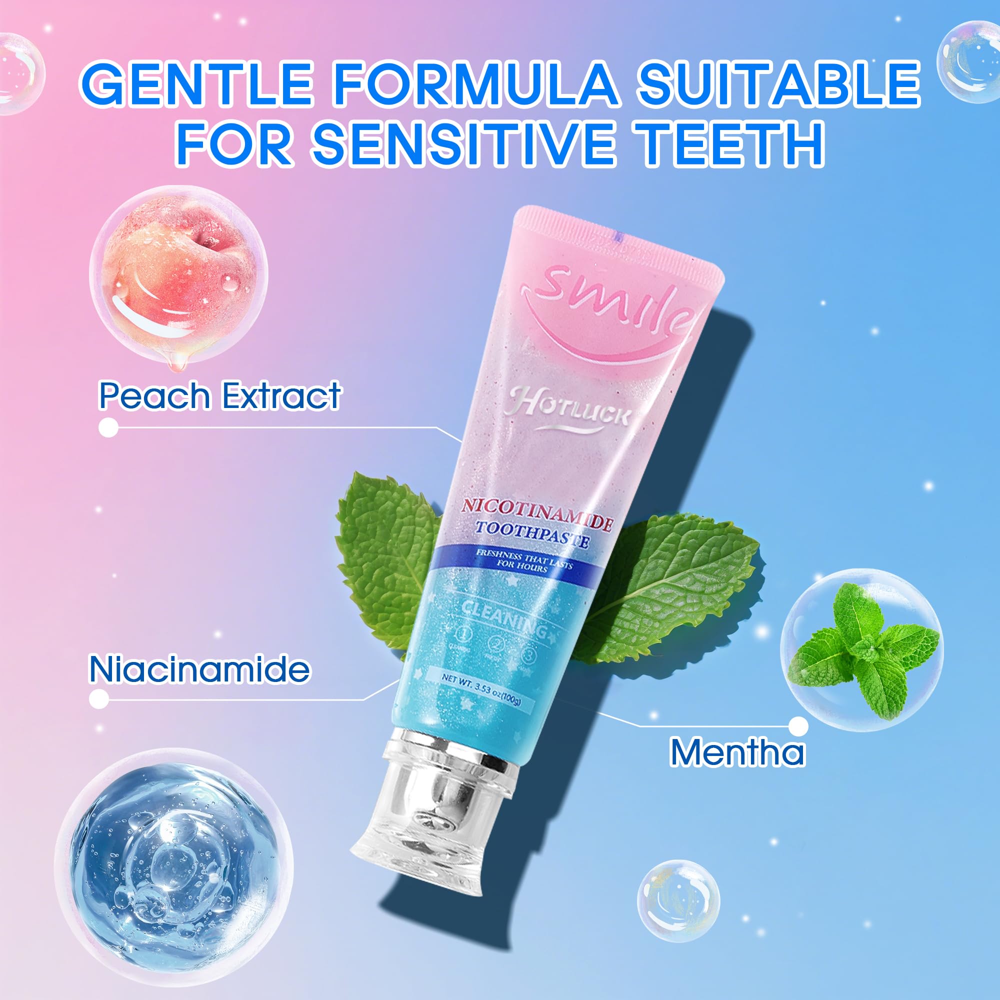 Hotluck Niacinamide Whitening Toothpaste – Mint & Peach, 3.53oz Pack of 4