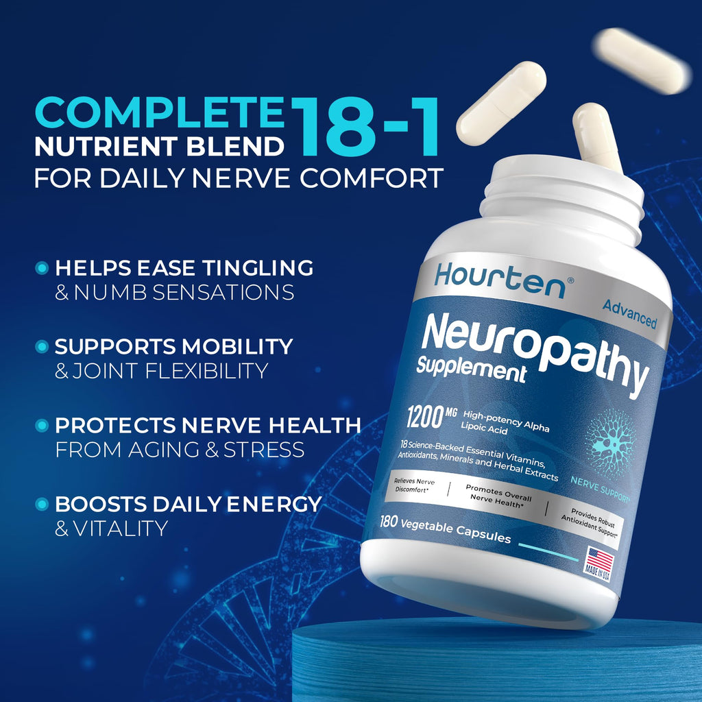 Hourten Neuropathy & Sciatica Support - 180 Capsules, 1200mg Alpha Lipoic Acid, 18-in-1 Formula