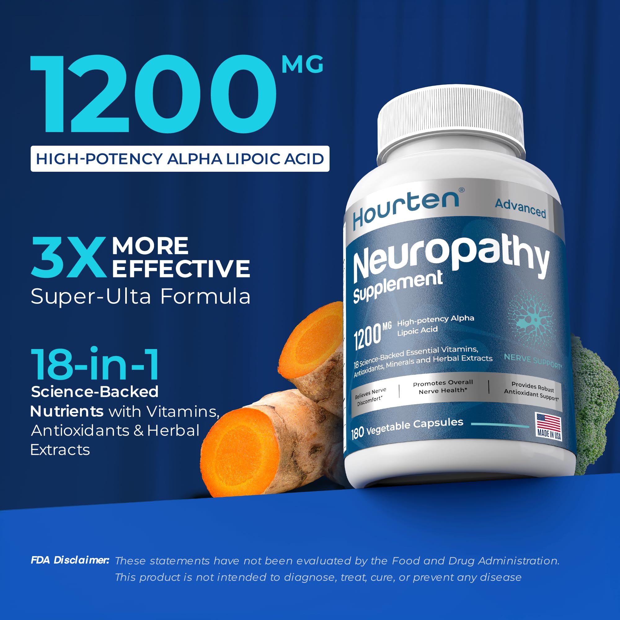 Hourten Neuropathy & Sciatica Support - 180 Capsules, 1200mg Alpha Lipoic Acid, 18-in-1 Formula