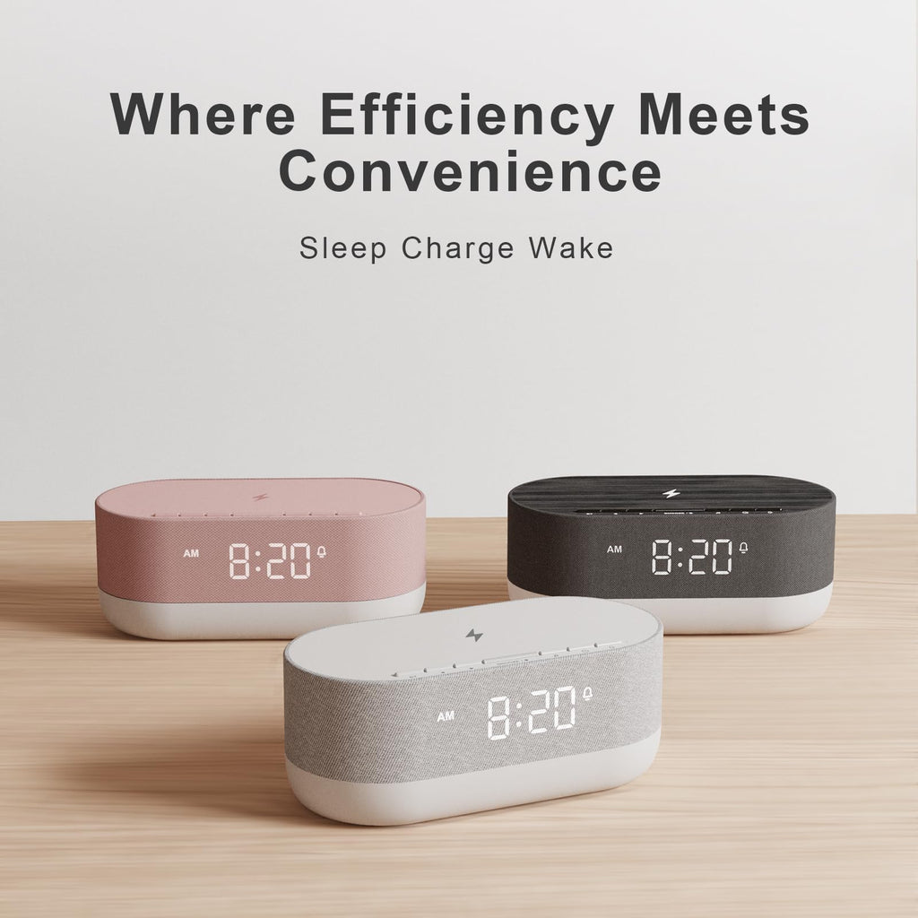 HOUSBAY 3 in 1 Sound Machine Alarm Clock & Wireless Charger – Soothing White Noise, Bluetooth Music & Customized Sleep-Wake Routine