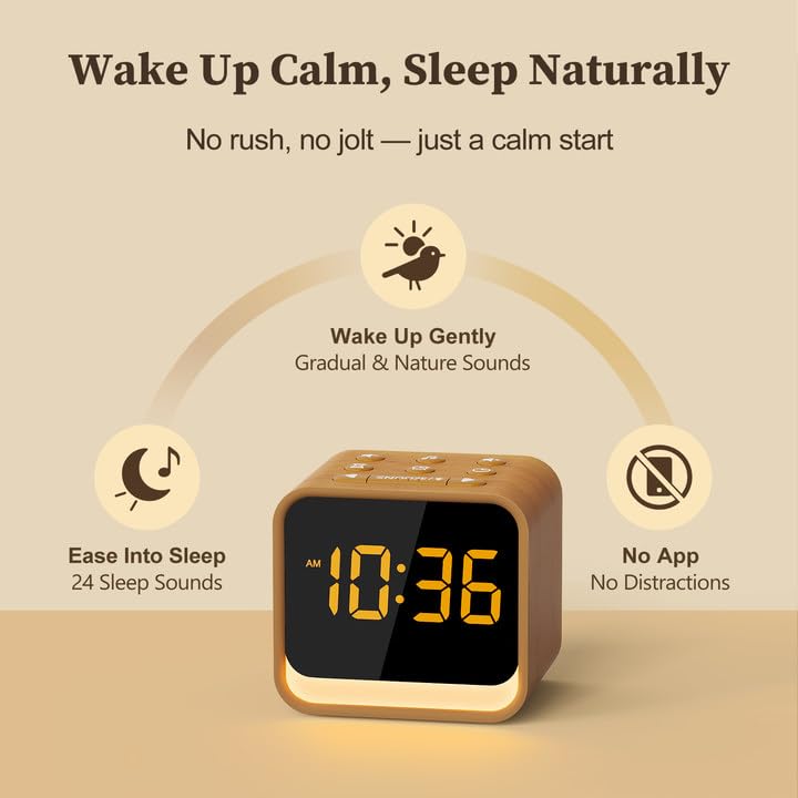 HOUSBAY Wooden Sound Machine Alarm Clock — Gentle Wake, Birdsongs & White Noise for Sleep