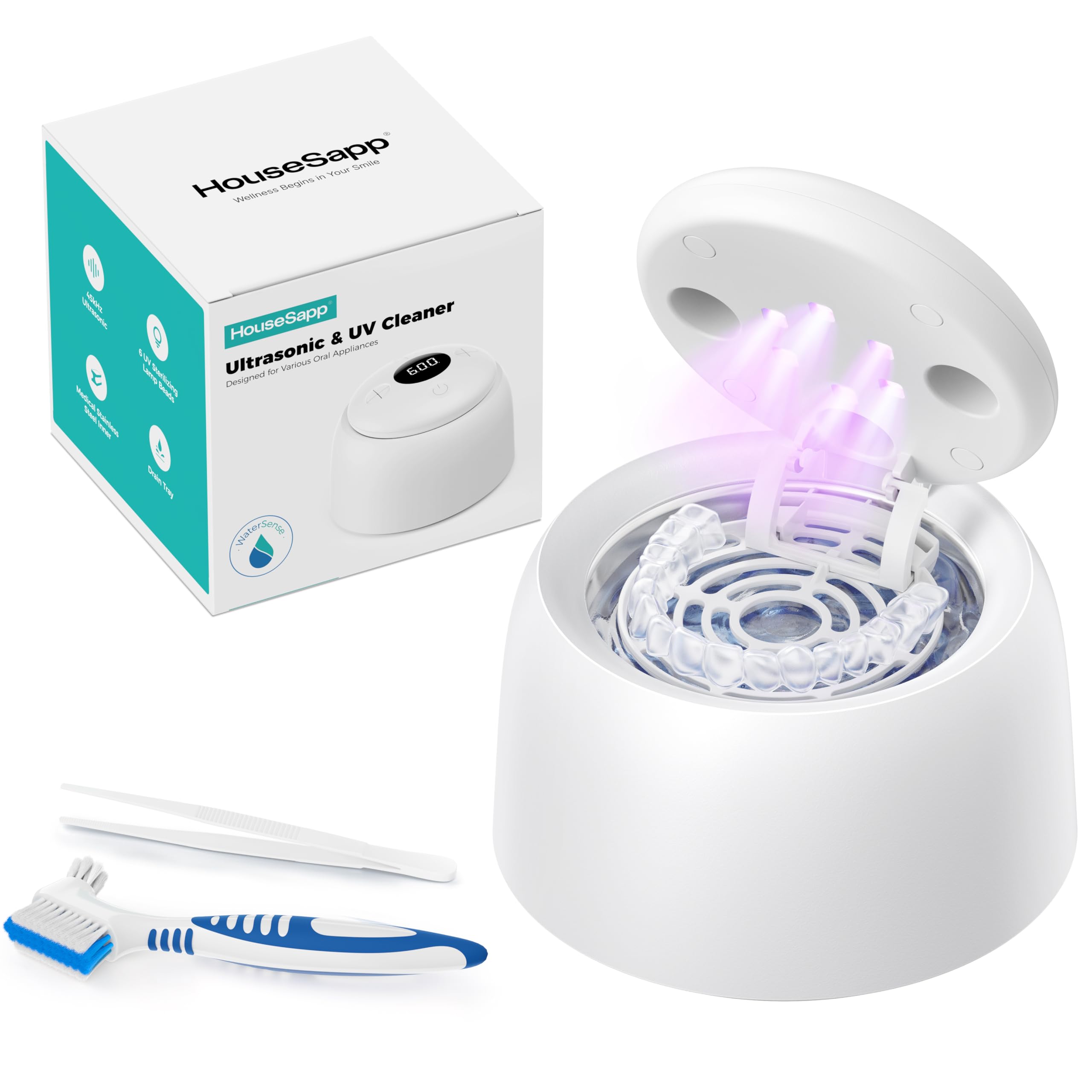 HouseSapp Ultrasonic Retainer Cleaner – 45kHz, 6-Lamp UV, Auto Lift Tray