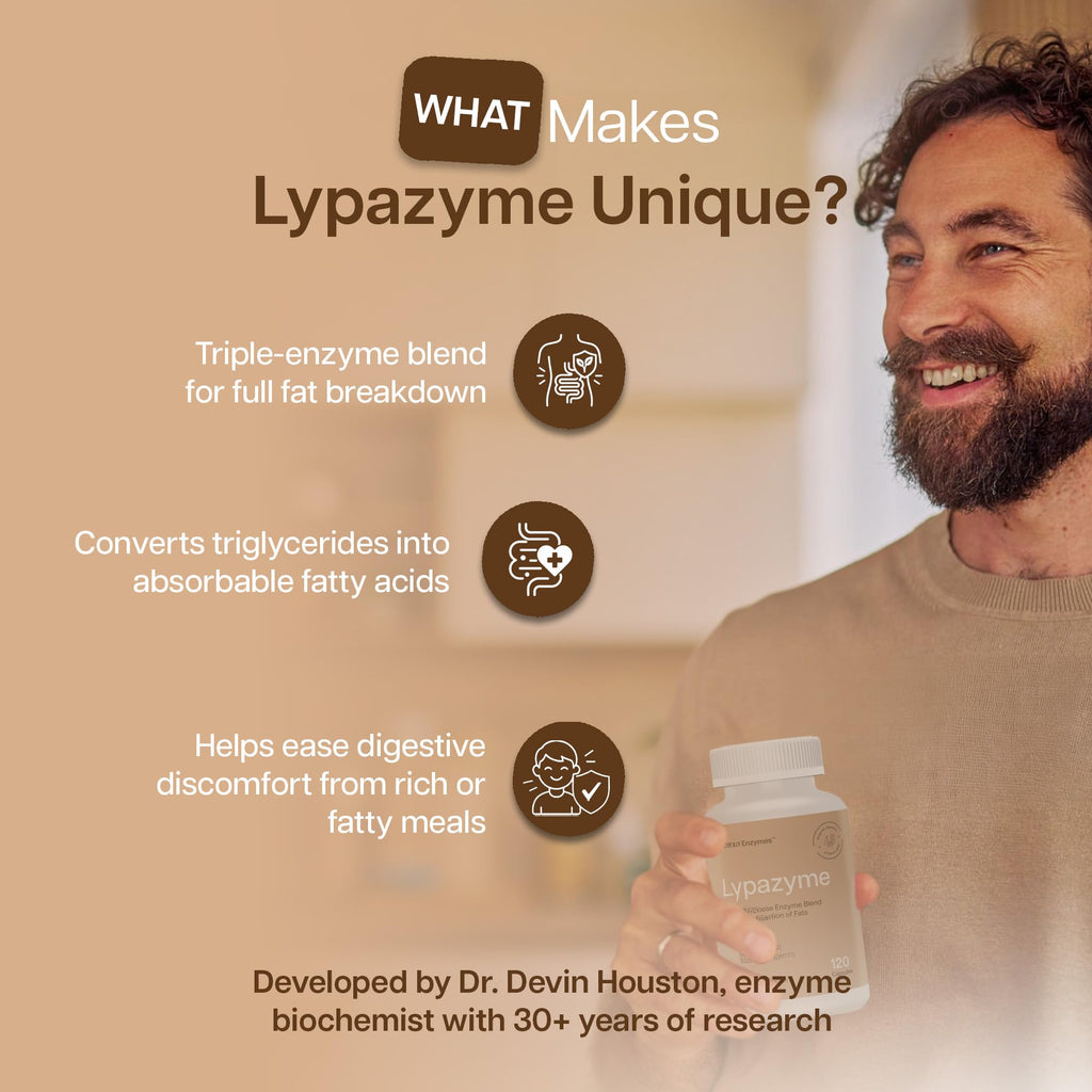 Houston Enzymes – Lypazyme Lipase Digestive Enzymes for Women and Men –120 Capsules – 3 Enzyme Blend for Complete Breakdown of Triglyceride Fats, Enzyme for Digestion of High-Fat Meals & Fish Oil