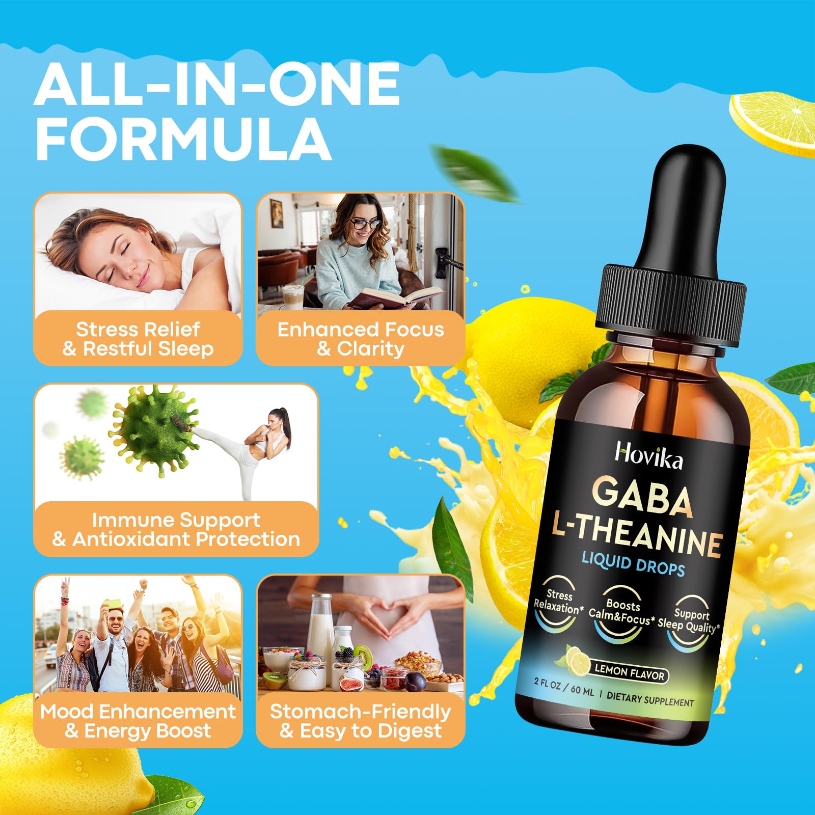 Hovika 2 Pack GABA L-Theanine Drops – Liquid GABA with L-Theanine, Magnesium Glycinate & Vitamin C | Lemon
