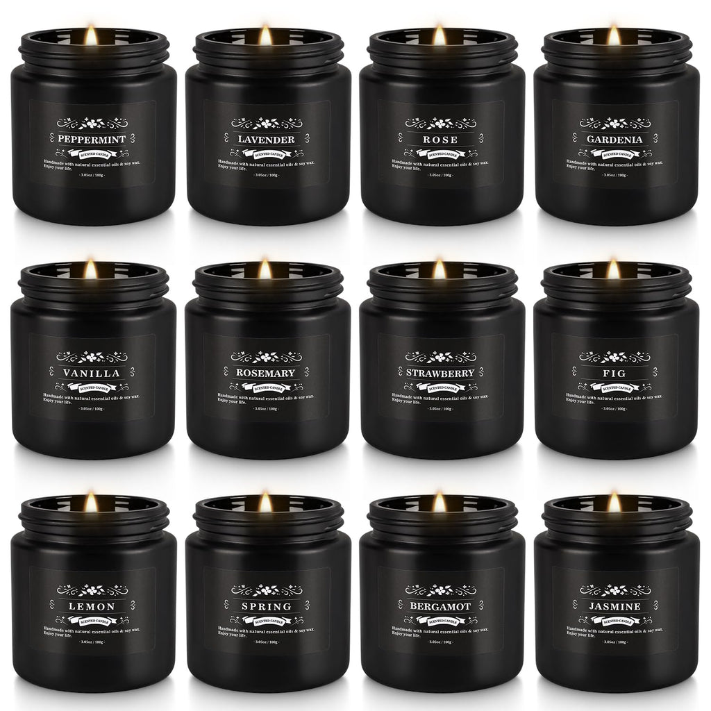 Howemon Scented Candle Set 12 Pack - Black Jar | Long-Lasting Soy Wax, Odor Elimination, Stress Relief Gift Set