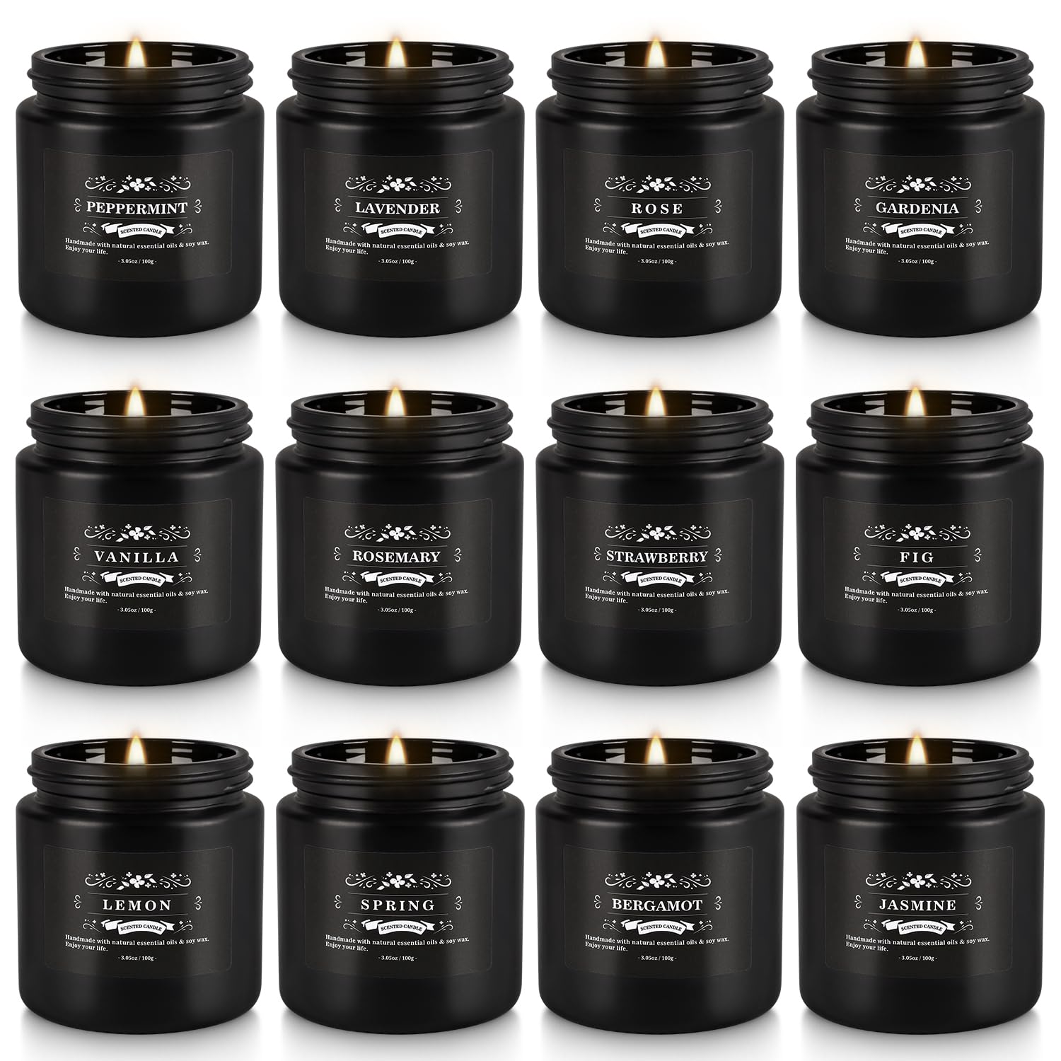Howemon Scented Candle Set 12 Pack - Black Jar | Long-Lasting Soy Wax, Odor Elimination, Stress Relief Gift Set
