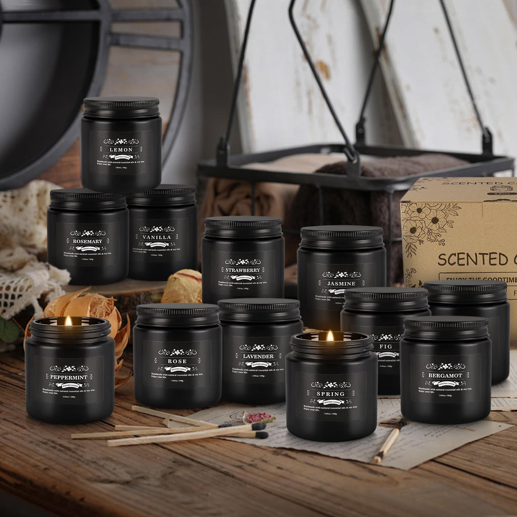 Howemon Scented Candle Set 12 Pack - Black Jar | Long-Lasting Soy Wax, Odor Elimination, Stress Relief Gift Set