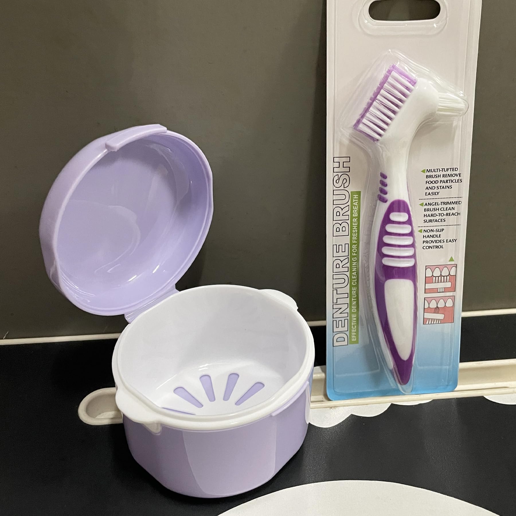 Howinn Denture Bath Case – Travel Cup with Strainer Basket (Purple)