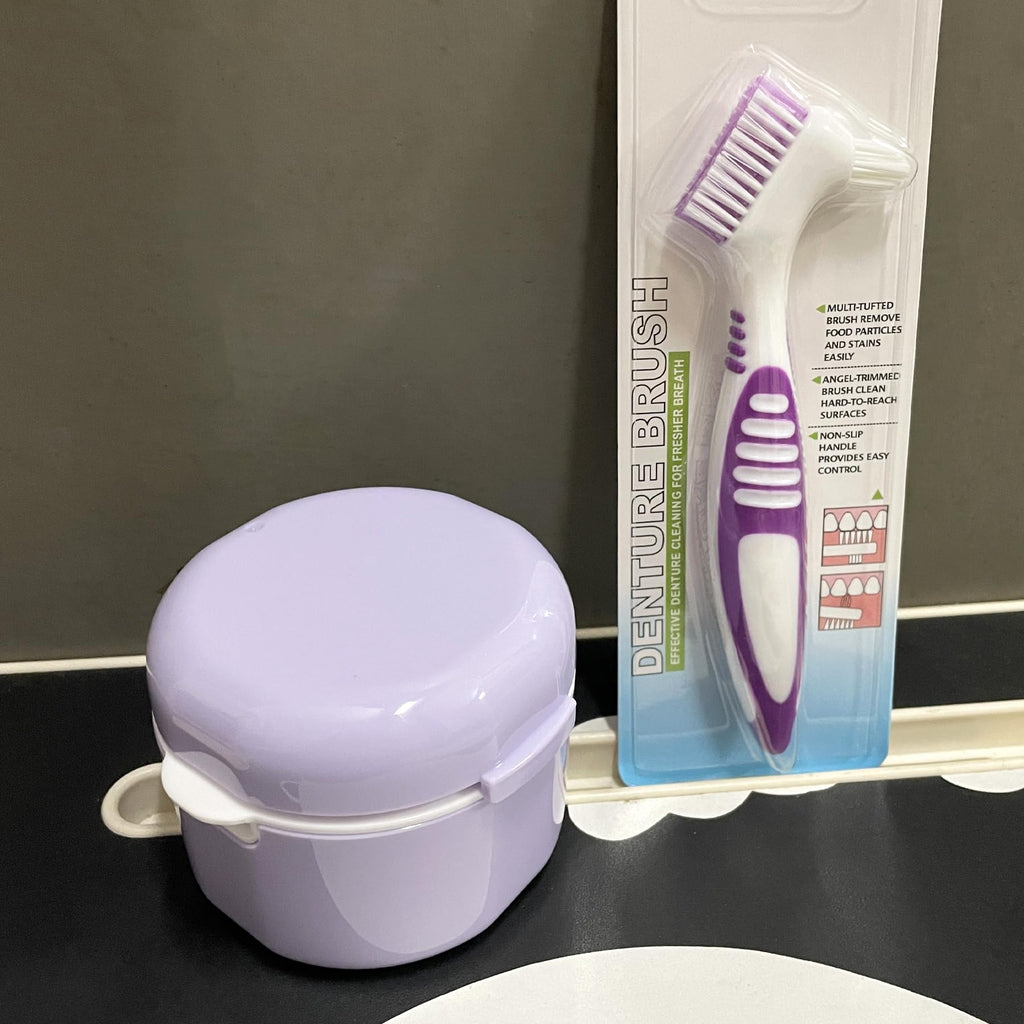 Howinn Denture Bath Case – Travel Cup with Strainer Basket (Purple)