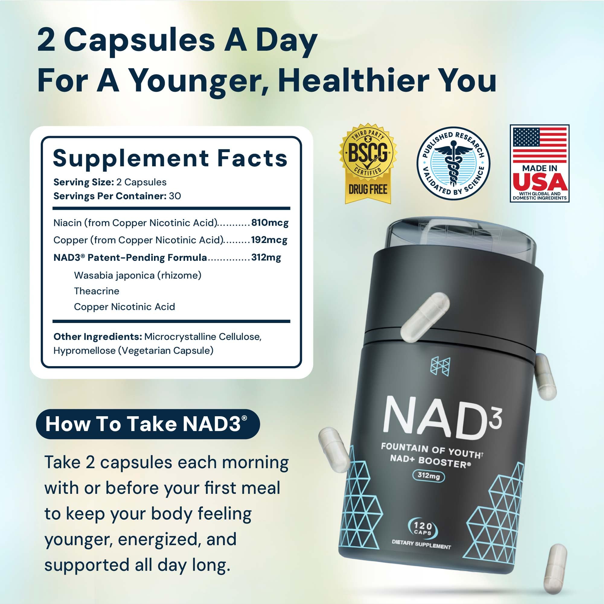 HPN NAD3 Clinical NAD+ Booster | Cellular Health & Natural Energy | 120ct, 60-Day Supply