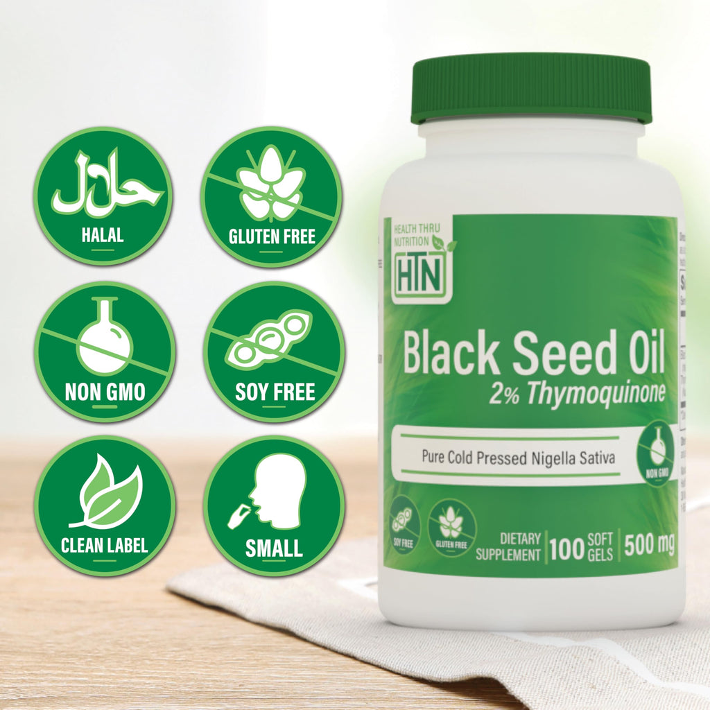 Health Thru Nutrition Black Seed Oil 500mg | 2% Thymoquinone | 100 Softgels | Organic, Non-GMO, Gluten & Soy Free