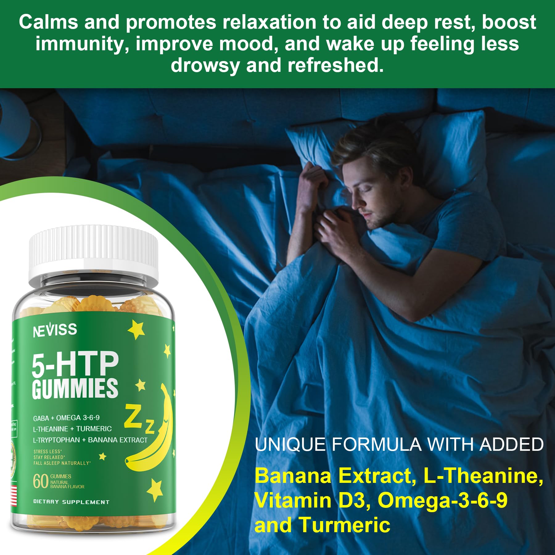 5-HTP GABA Gummies + L-Theanine & Vitamin D3 — Melatonin-Free Relaxation (Pack of 2)