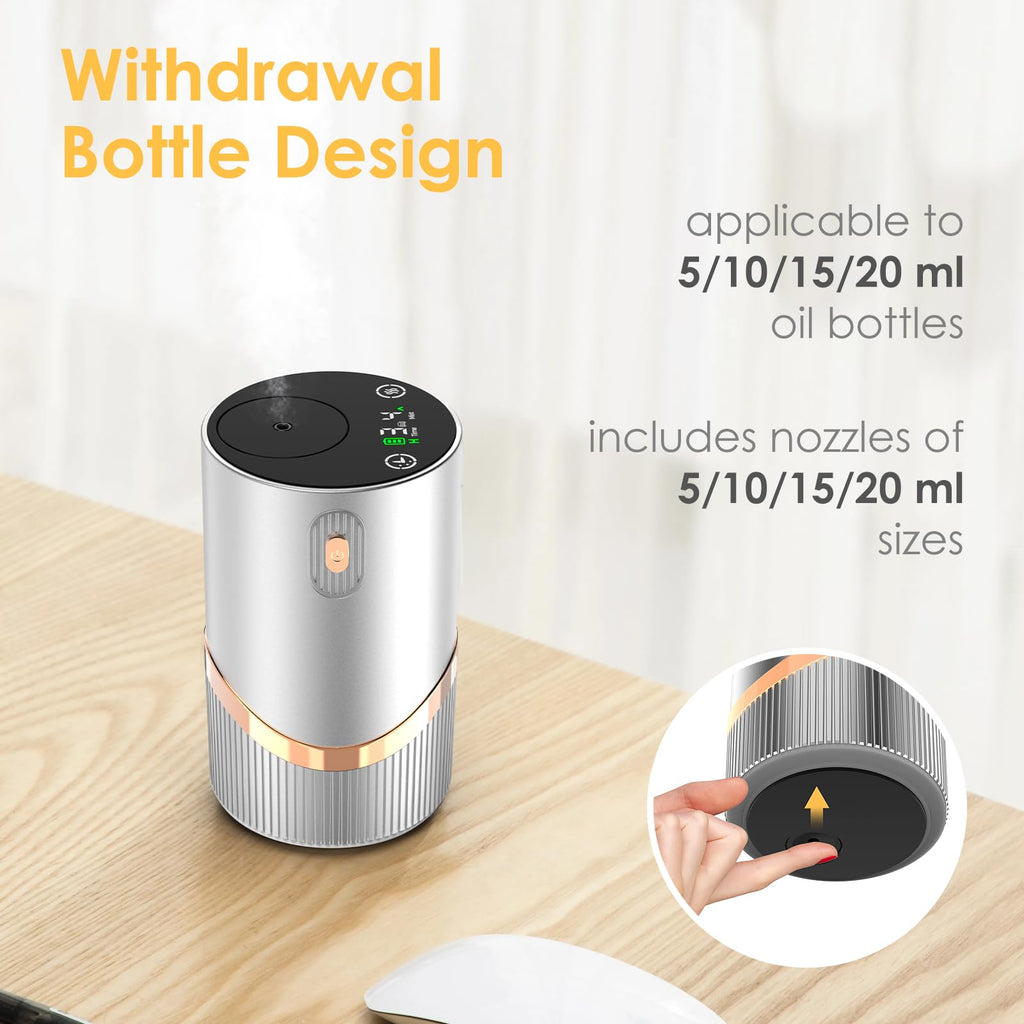 Huachuang Waterless Nebulizing Diffuser (Silver) – Portable Car & Home Aromatherapy, 4 Mist Levels