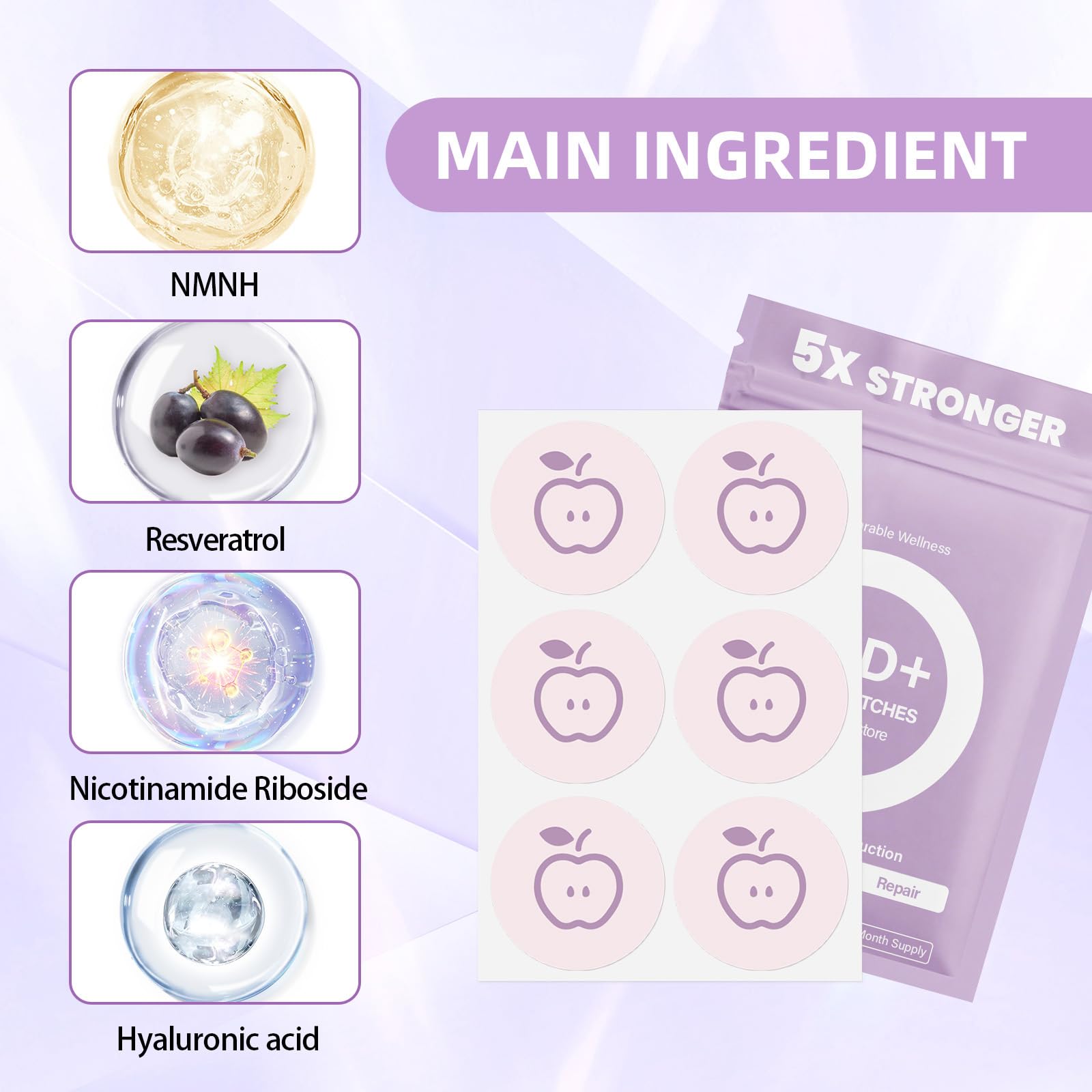 huangirl NAD+ Patches | NAD 60 Patches for Women | 8-Hr Time-Release Wellness Patch with NMNH, Resveratrol, Nicotinamide Riboside, NAC, Hyaluronic Acid, CoQ10 | Enhanced Absorption