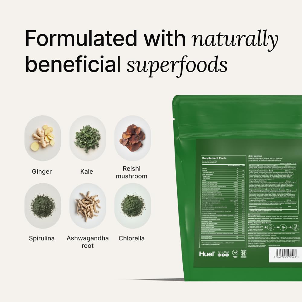 Huel Daily Greens | Superfood Greens Powder with 91 Vitamins & Minerals, Probiotics, Adaptogens | 30 Servings