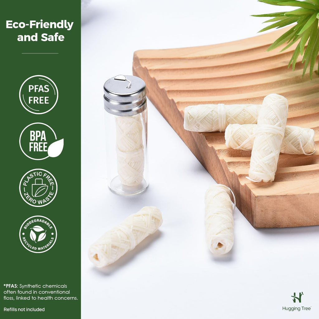 HUGGING TREE Natural Silk Dental Floss with Glass Dispenser – PFAS Free, Zero Waste Mint (33 Yards)