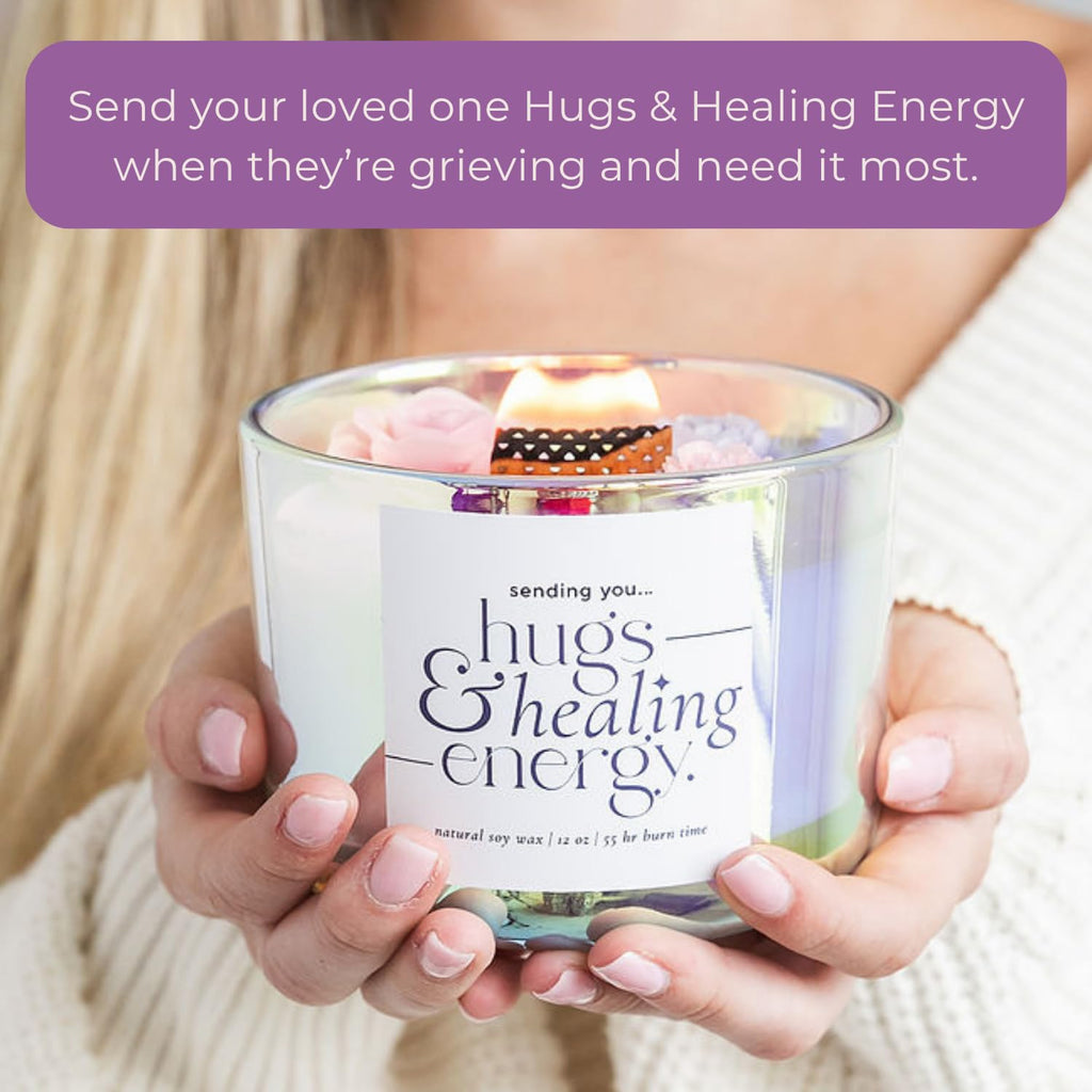 Hugs and Healing Energy Sympathy Candle – 12oz Soy Wax, Wooden Wick, Iridescent Glass Jar Memorial Gift