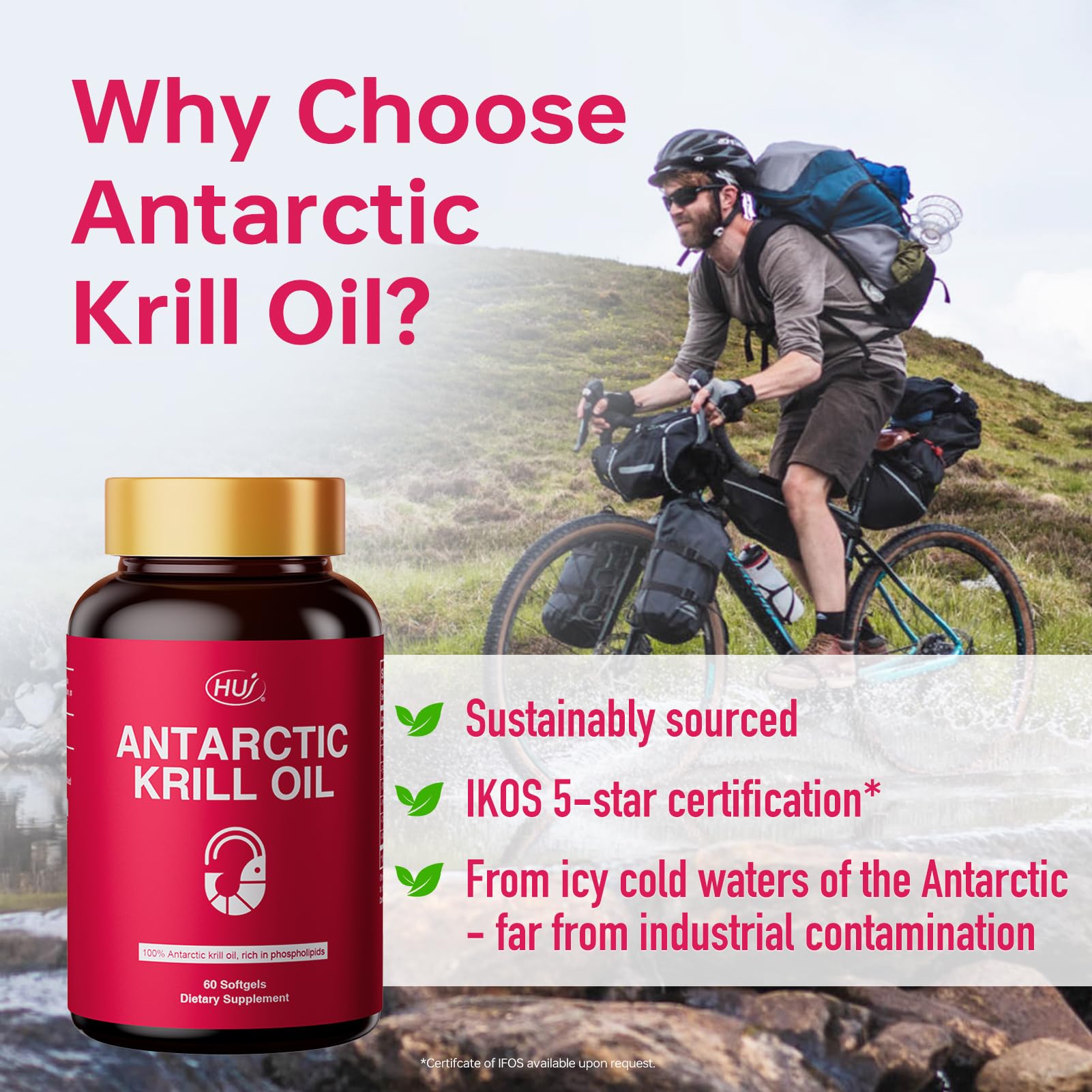 HUJ Antarctic Krill Oil 1000mg with Omega-3s EPA, DHA – 60 Softgels – Sustainably Sourced