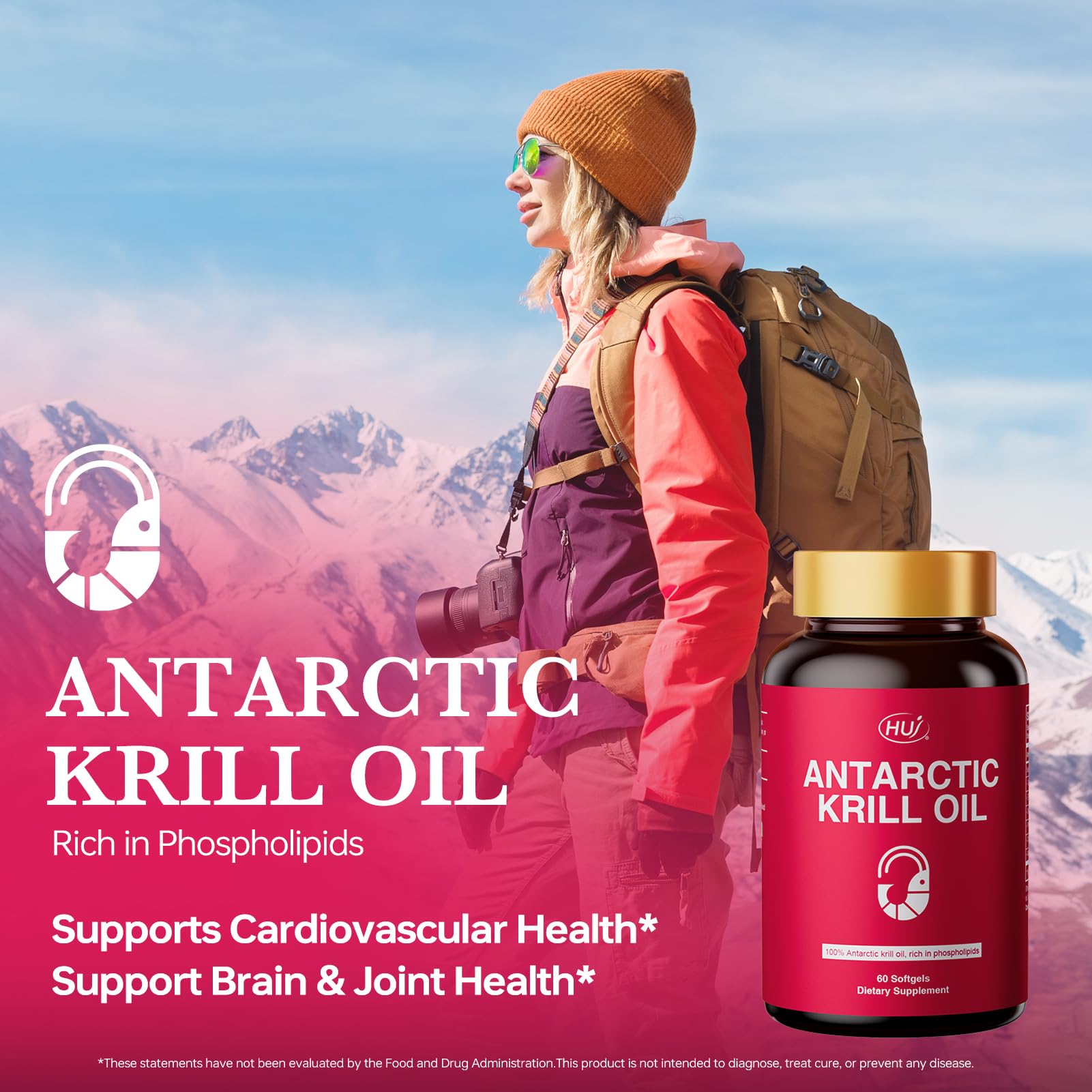 HUJ Antarctic Krill Oil 1000mg with Omega-3s EPA, DHA – 60 Softgels – Sustainably Sourced