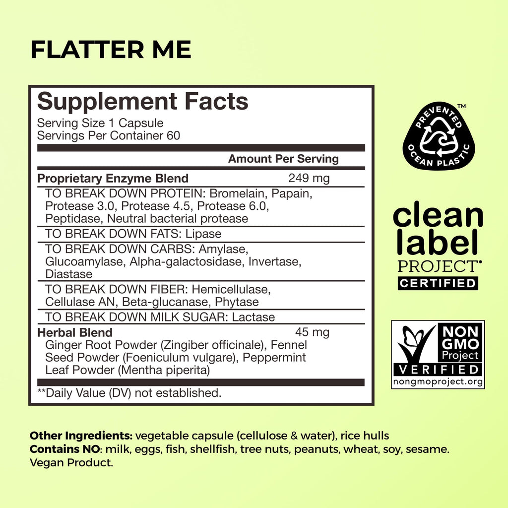 HUM Flatter Me Digestive Enzymes for Women & Men - Fast Debloat, Ginger & Peppermint, 60 Capsules