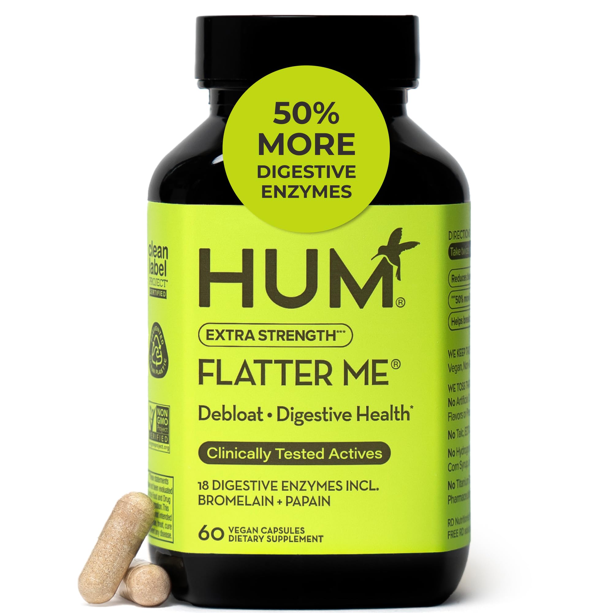 HUM Flatter Me Extra Strength Digestive Enzymes – Fast Acting Debloat, Ginger & Peppermint, 60 Capsules