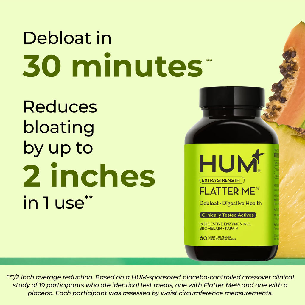 HUM Flatter Me Extra Strength Digestive Enzymes – Fast Acting Debloat, Ginger & Peppermint, 60 Capsules