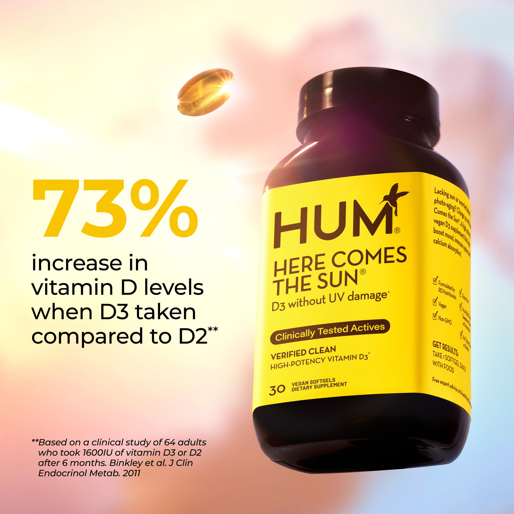 Here Comes The Sun Vitamin D3 Immune Support – 2000 IU, Vegan, 30 Softgels by HUM