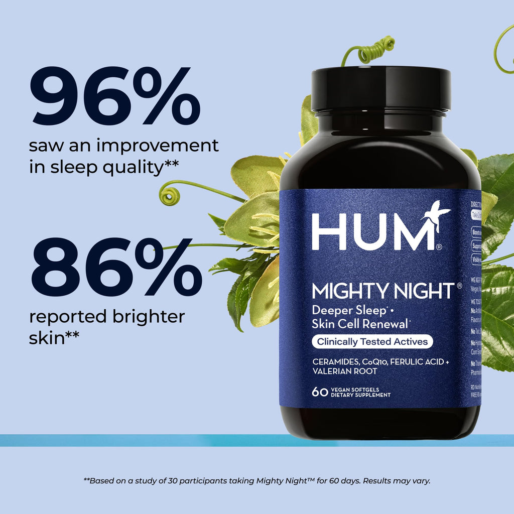 Hum Mighty Night: Nighttime Sleep Supplement for Skin | CoQ10, Valerian & Ferulic Acid | 60 Vegan Softgels